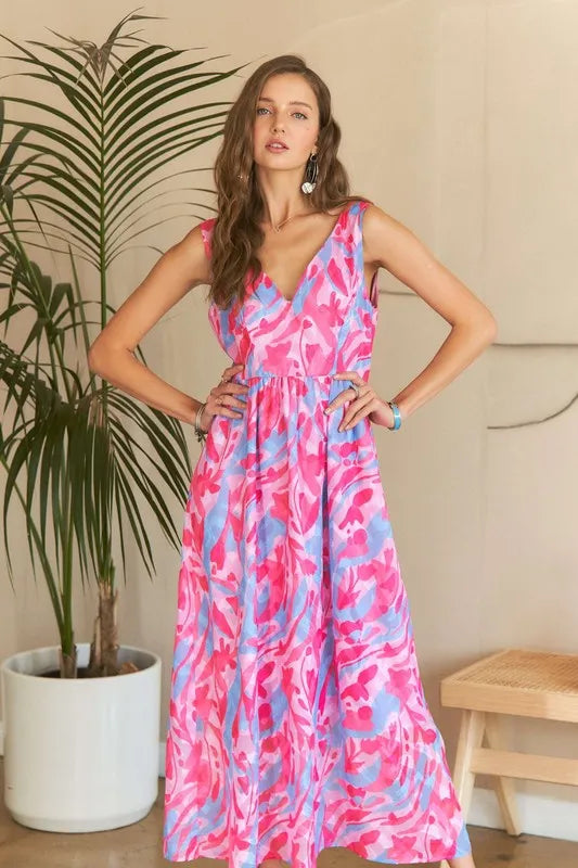 Abstract Floral V-Neck Maxi Dress in Pink Blush Combo - product view 2