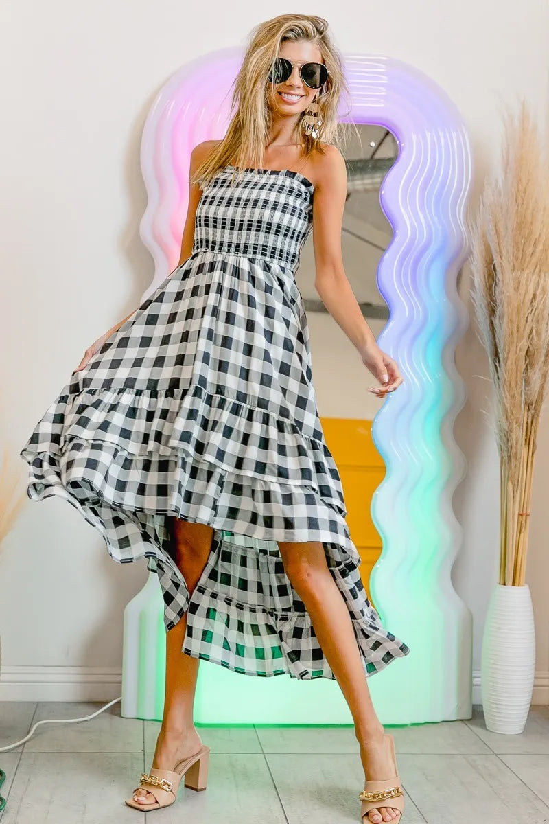 Smocked Body Off Shoulder Check Dress - Black/Ivory - product view 4