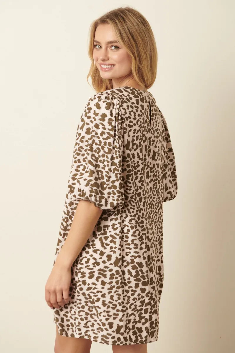 Animal Print Puff Sleeve Mini Dress - Olive - product view 4