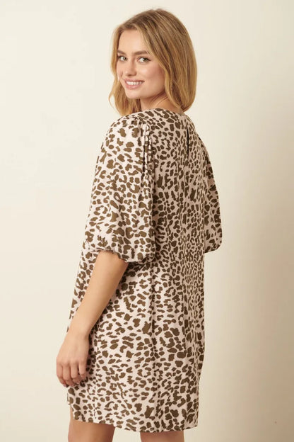 Animal Print Puff Sleeve Mini Dress - Olive - product view 4