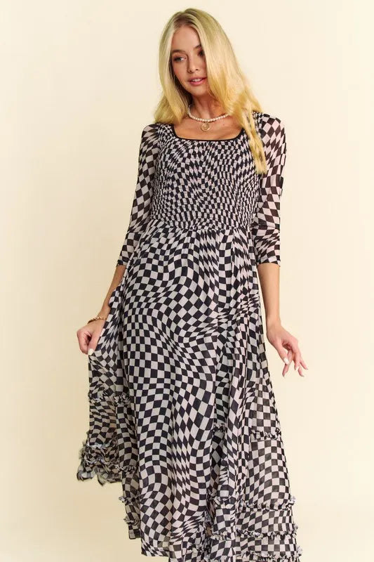 Printed Checker Mesh Flowy Maxi Dress in Black - product view 7