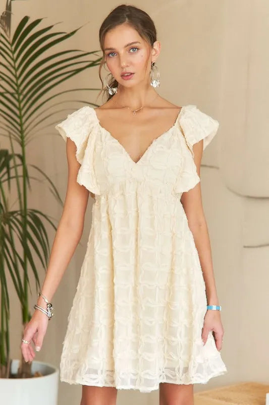 Tie Back V-Neck Ruffle Sleeve Dress in Ivory - product view 1