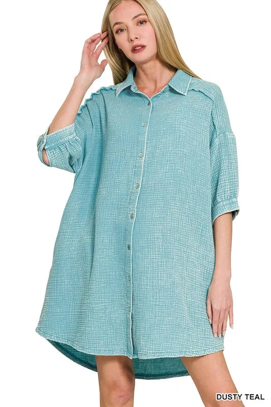 Washed Double Gauze Button Down Shirt Dress - Dusty Teal - product view 1