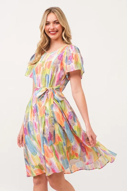 Watercolor Print Tie Front Midi Dress - Orange Combo - product view 7
