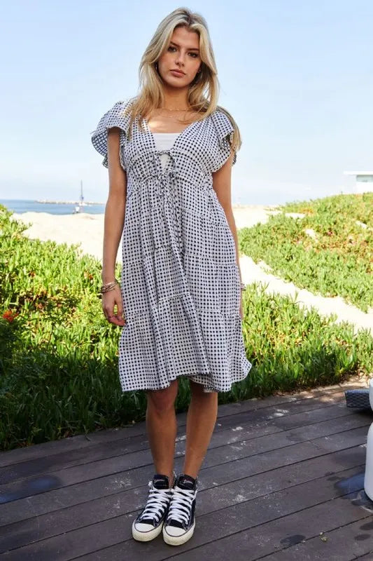 Jacquard V-Neck Flutter Cap Sleeve Tiered Dress in Black Ivory - product view 10