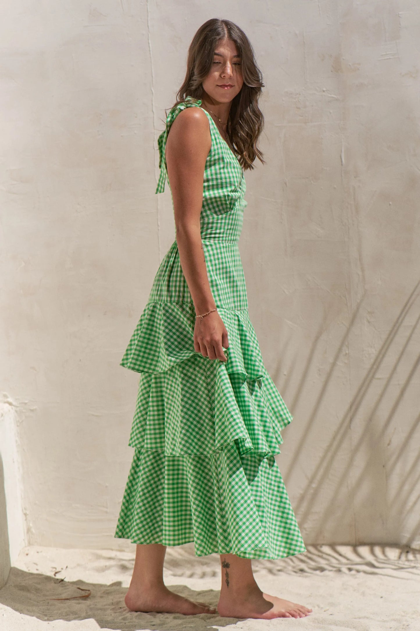 Full Size Sleeveless Gingham Print Tiered Midi Dress Plus Size in Green - product view 4