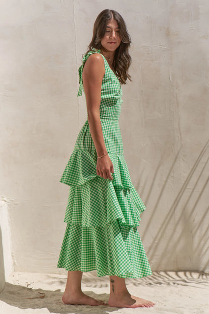 Full Size Sleeveless Gingham Print Tiered Midi Dress Plus Size in Green - product view 4