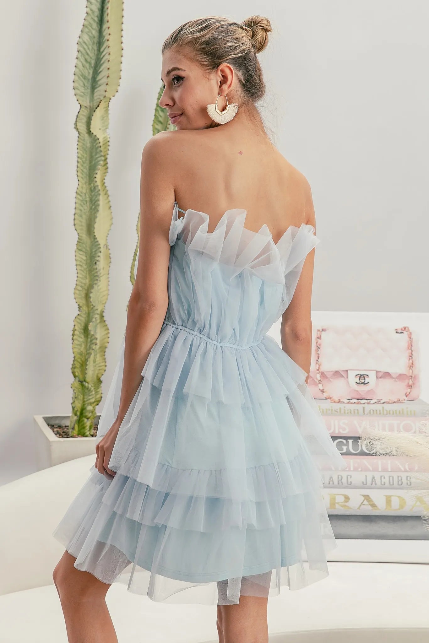 Sleeveless Layered Organza Dress in Sky Blue - product view 14