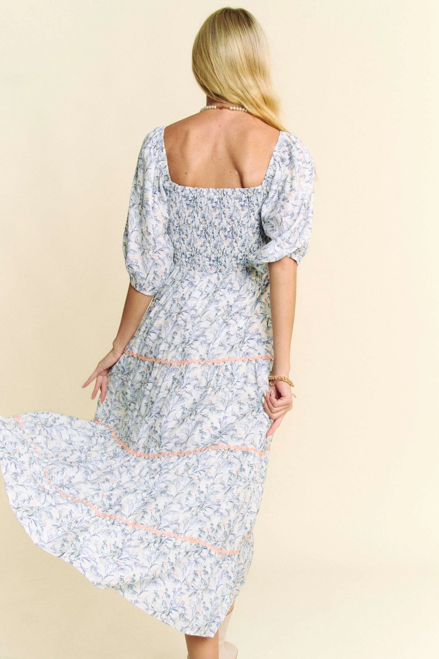 Contrast Ric Smocking Bodice Tiered Midi Dress in Blue - product view 6