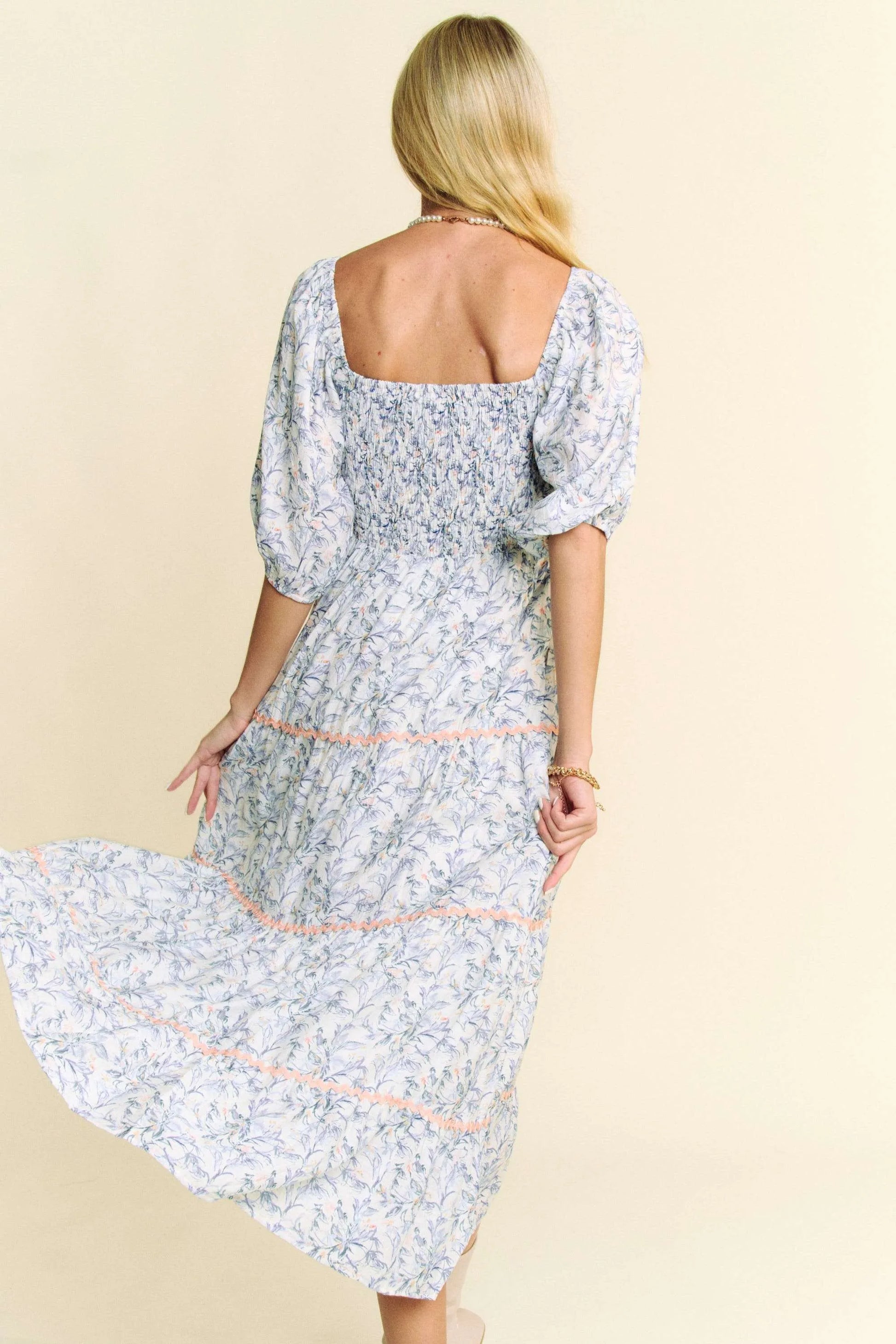 Contrast Ric Smocking Bodice Tiered Midi Dress in Blue - product view 6
