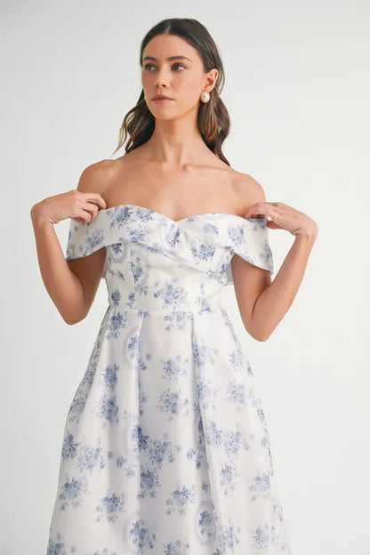 Floral Printed Off Shoulder Maxi Dress in Blue - product view 14