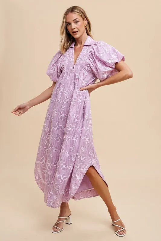 Floral Smock Detail Puff Sleeve Dress in Pink Purple - product view 1
