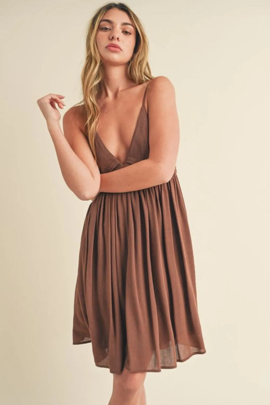 Ruched Plunge Mini Cami Dress - Brown - product view 1