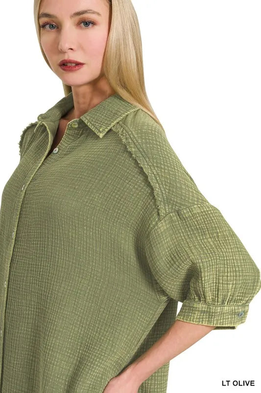 Washed Double Gauze Button Down Shirt Dress - Lt Olive - product view 2