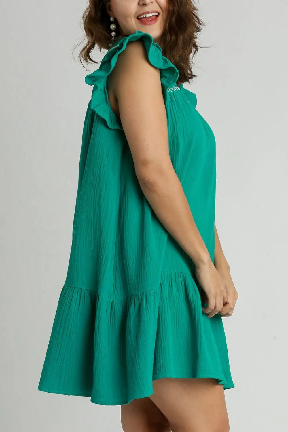 Full Size Smocked Contrast Stitching Ruffle Cap Sleeve Round Neck Dress Plus Size in Jade Green - product view 6