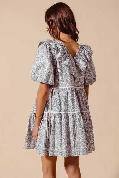 Cotton Printed Ruffle V Neckline Dress with Side Tie in Off White/Navy - product view 3