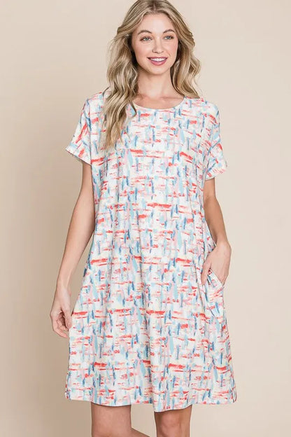 Printed Round Neck Short Sleeve Tee Dress in Red - product view 2