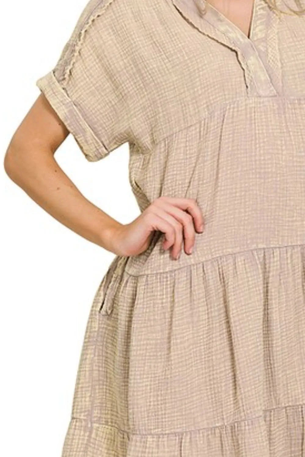 Washed Double Gauze Raw Edge Notched Dress in Ash Mocha - product view 3