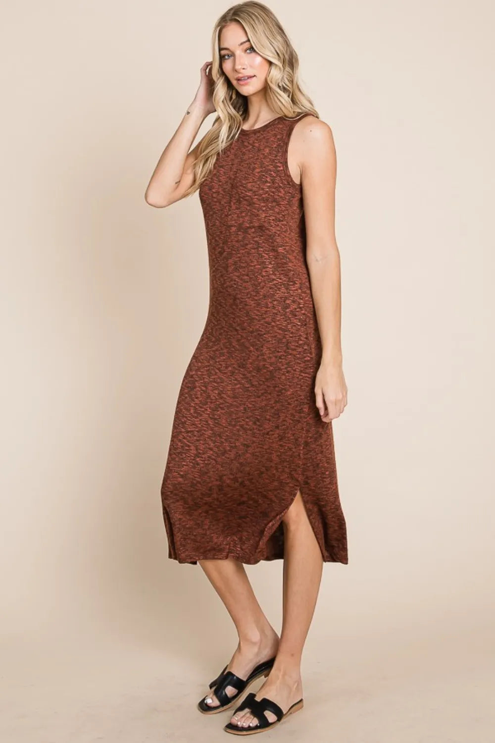 Slit Round Neck Sleeveless Midi Dress in Rust - product view 4
