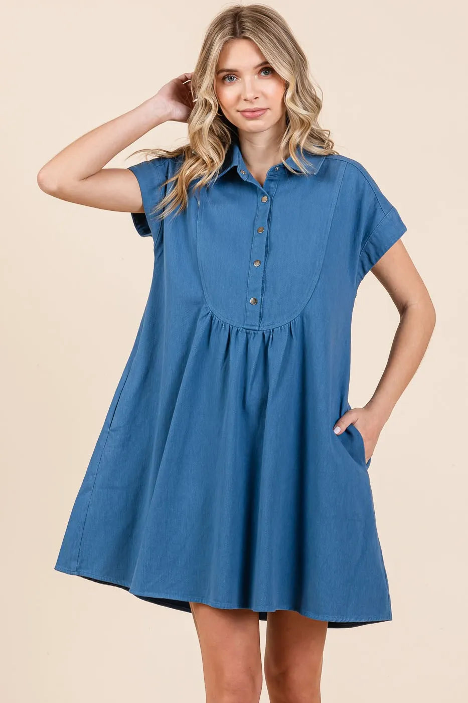 Twill Short Sleeve Collared Mini Dress - Denim - product view 1