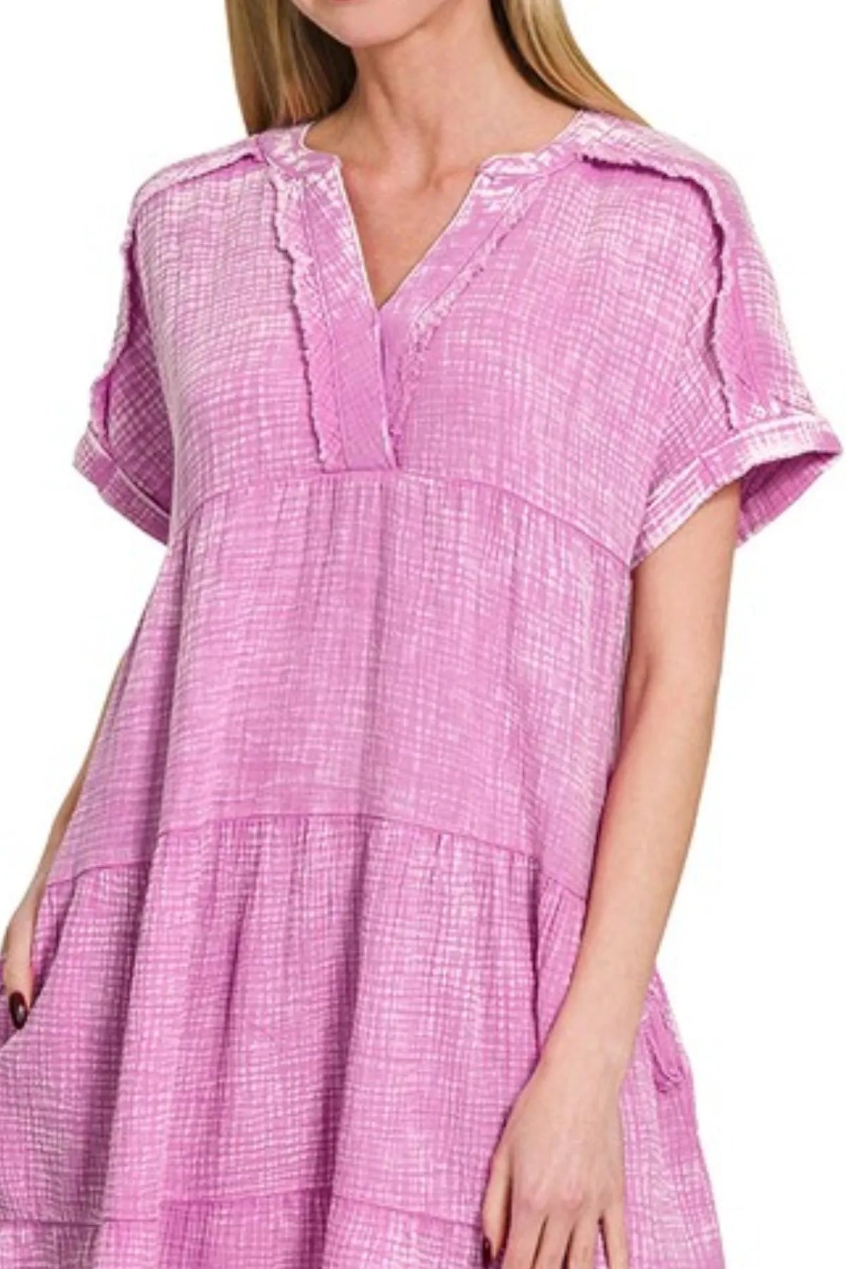 Washed Double Gauze Raw Edge V-neck Dress - Bright Mauve - product view 2