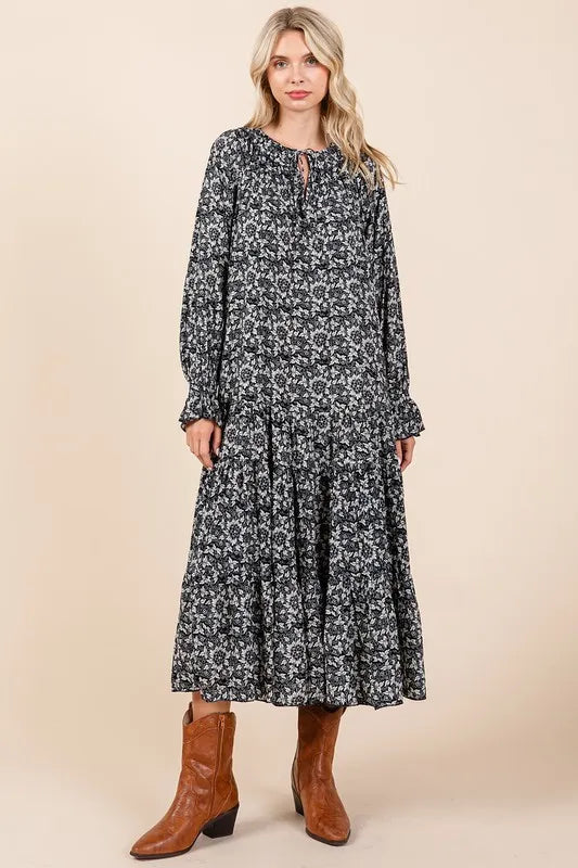 Printed Tie Neck Flounce Sleeve Midi Dress in Dark Navy - product view 3