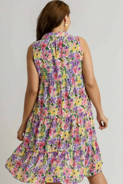 Full Size High-Low Hem Floral Sleeveless Tiered Dress Plus Size in Violetmix - product view 5