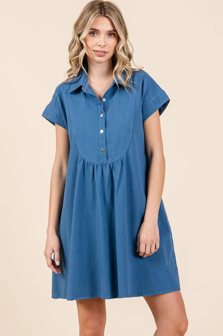 Twill Short Sleeve Collared Mini Dress - Denim - product view 4