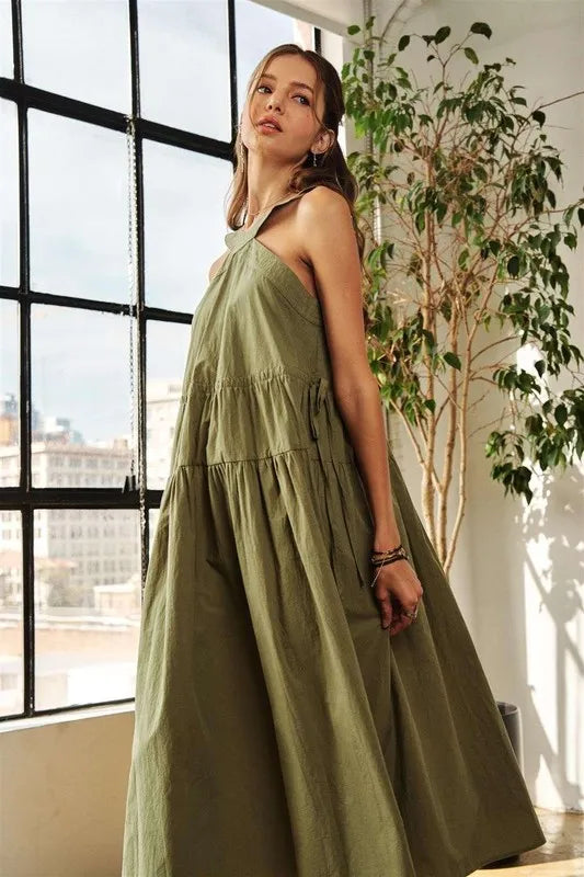 Crisscross Wide Strap Drawstring Detail Midi Dress in Moss - product view 5