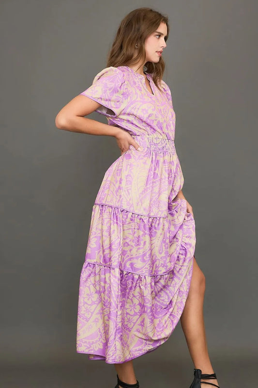 Full Size Printed Notched Short Sleeve Tiered Dress Plus Size - Heliotrope Purple - product view 2