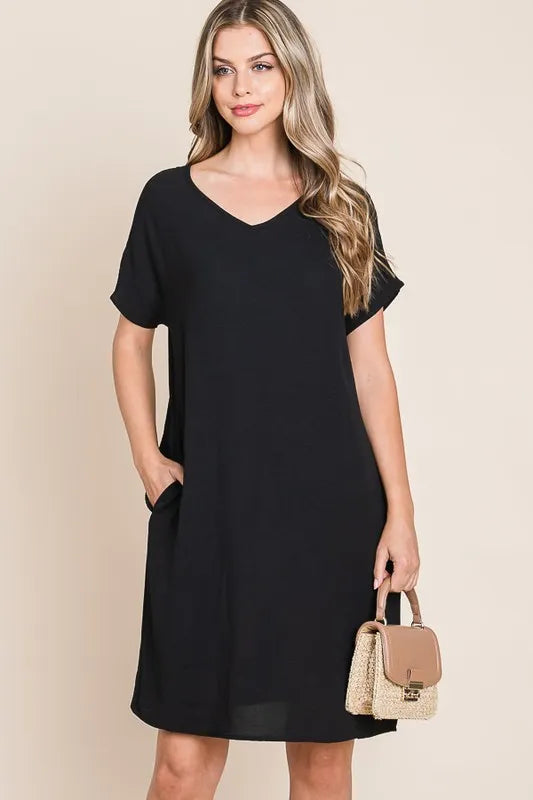 V-Neck Short Sleeve Dress with Pockets - Black - product view 2