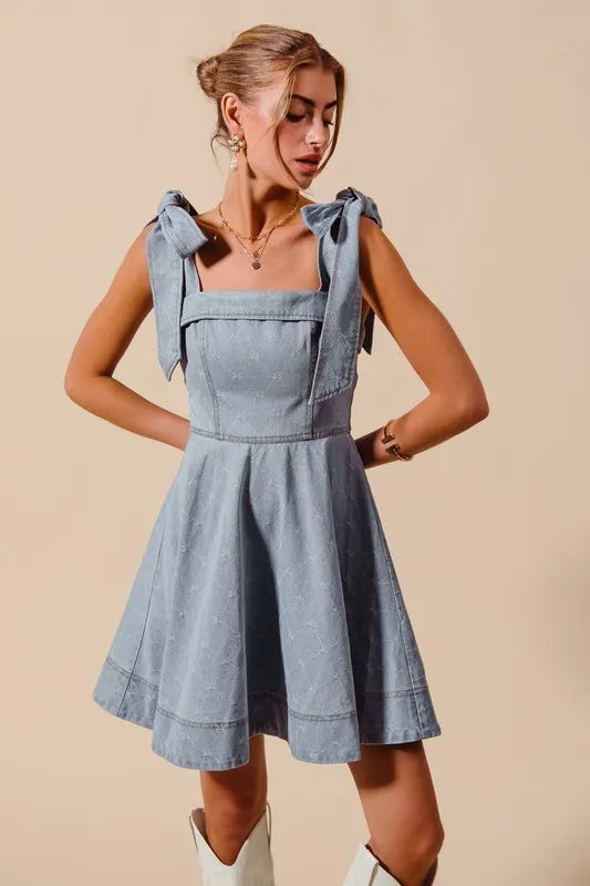 A Line Fit and Flare Diamond Bow Ribbon Denim Dres in Lt Denim - product view 2