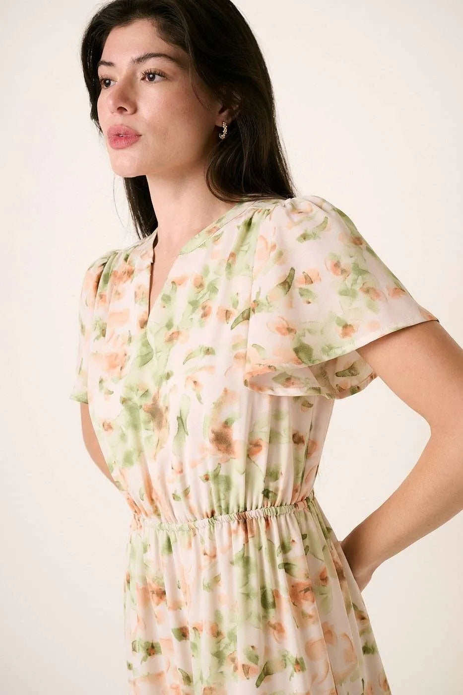 Flower Print Flutter Sleeve V Slit Maxi Dress - Sage - product view 3