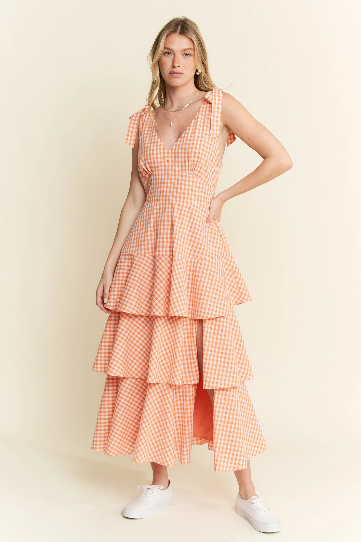 Sleeveless Gingham Print Tiered Midi Dress in Orange - product view 16