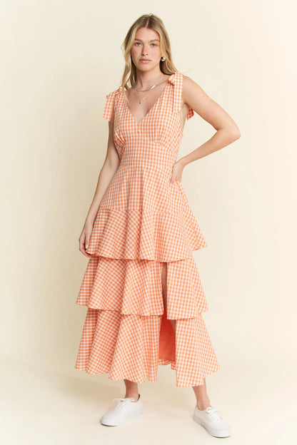 Sleeveless Gingham Print Tiered Midi Dress in Orange - product view 16