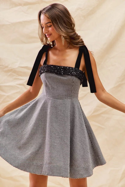 Houndstooth Fit Flare Mini Dress with Shoulder Tie in Black - product view 6