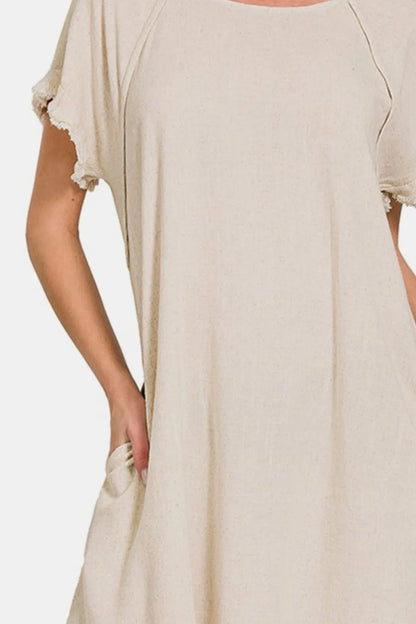 Fringe Edge High Low Flowy Dress with Pockets in Beige - product view 3