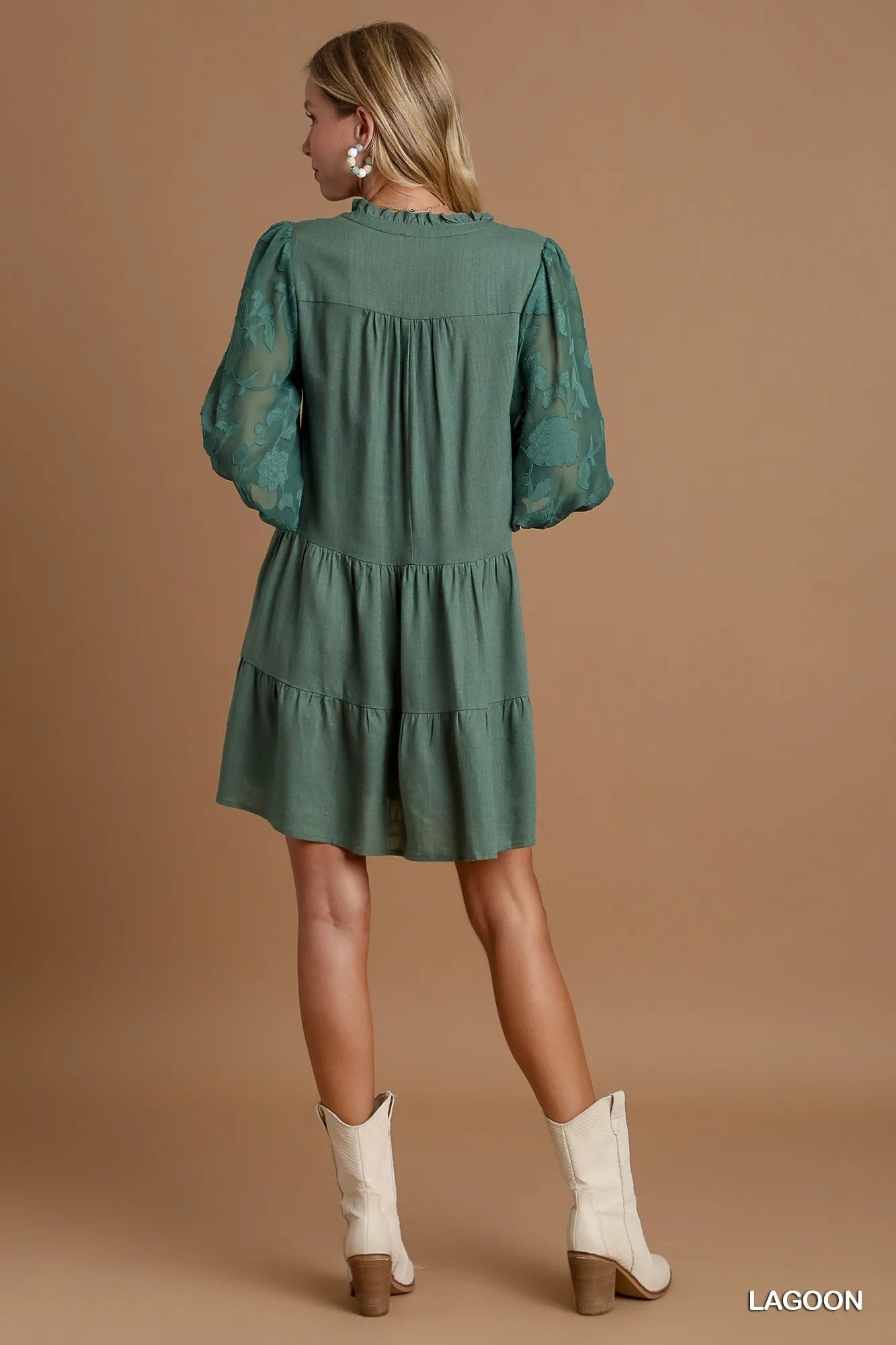 Floral Contrast Sleeve Tiered Dress in Lagoon - product view 4