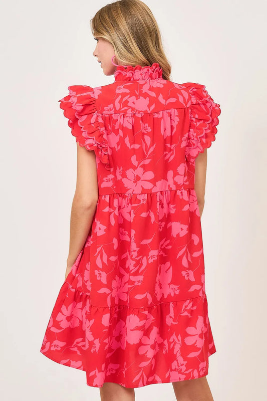 Full Size Two Tone Floral Print Ruffle Cap Sleeve Mini Dress Plus Size in Red - product view 2
