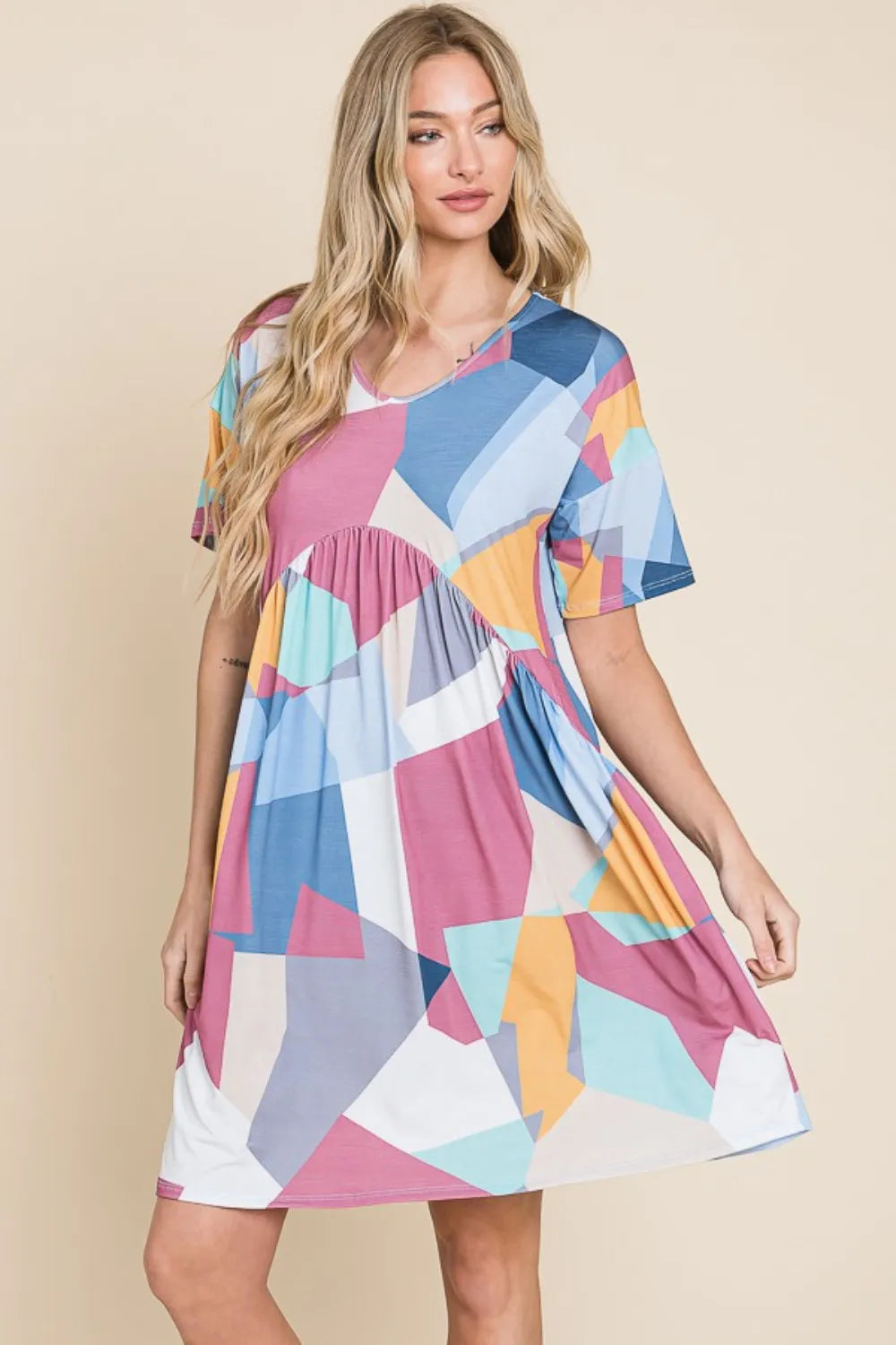 Ruched Color Block Short Sleeve Dress in Multicolor - product view 1