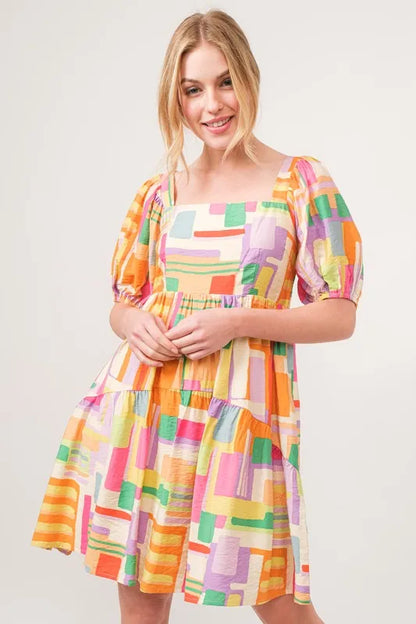 Square Neck Puff Sleeve Geo Printed Mini Dress in Yellow Multi - product view 1