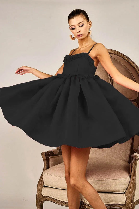 Ruffled Edge Sweet Heart Neck Sleeveless Tulle Dress in Black - product view 1