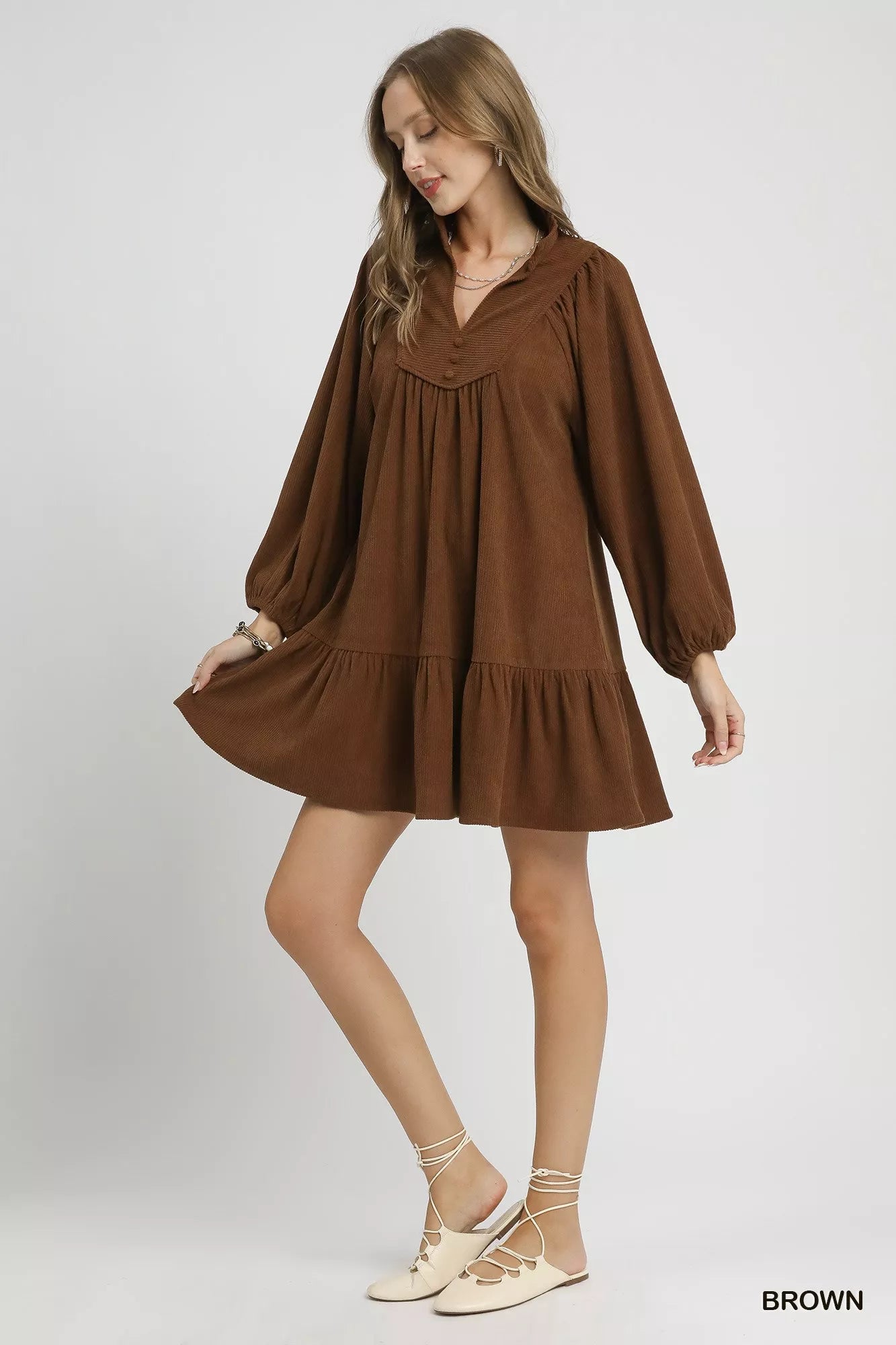 Corduroy Tiered Babydoll Dress in Brown - product view 2