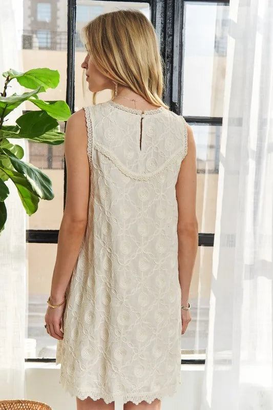 Applique Round Neck Sleeveless Shift Dress in Beige - product view 9