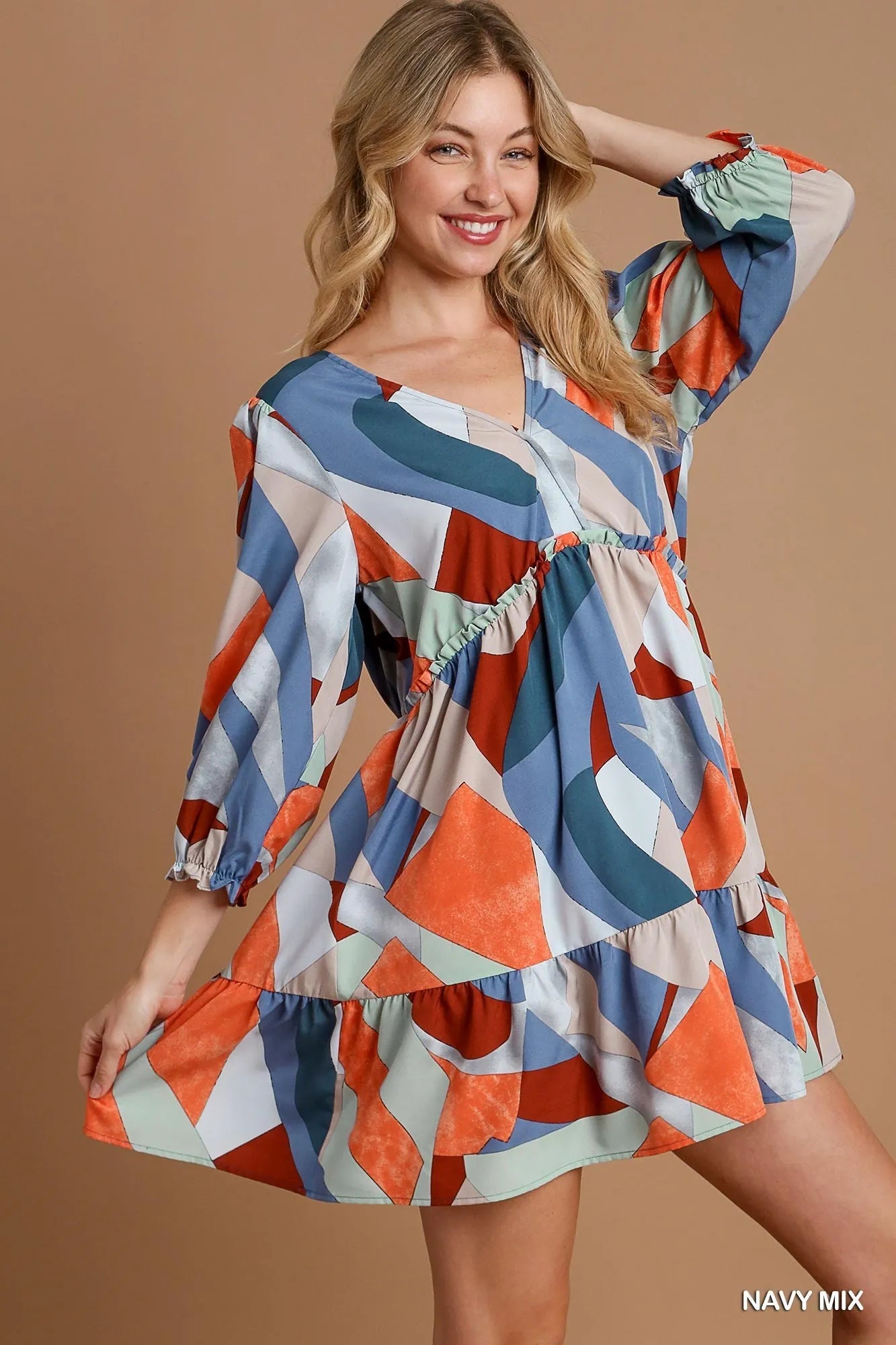 Abstract V-Neck Tiered Printed Dress - Navy Mix - product view 2