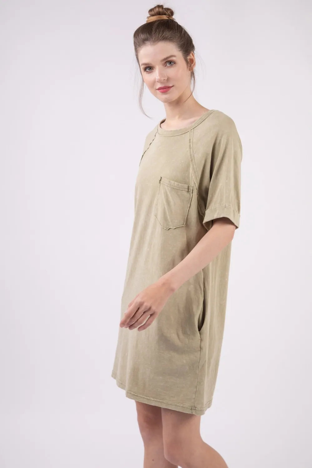 Washed Round Neck Mini Tee Dress - Sage - product view 3