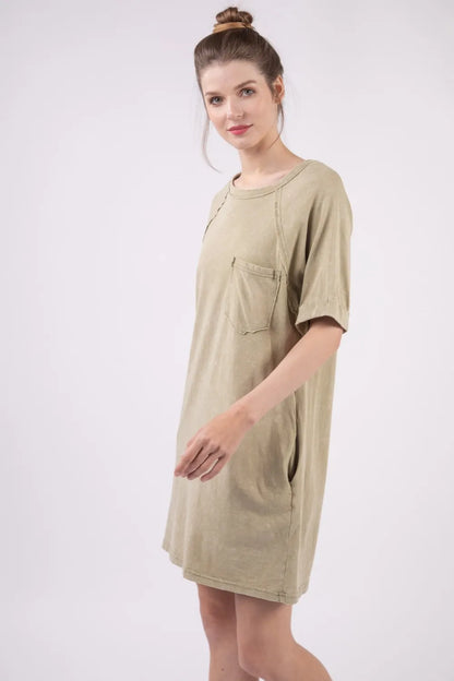 Washed Round Neck Mini Tee Dress - Sage - product view 3
