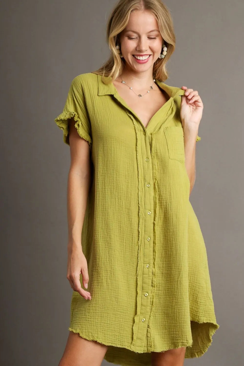 Full Size Raw Hem Button Down Short Sleeve Gauze Shirt Dress Plus Size in Yellow-Green - product view 1