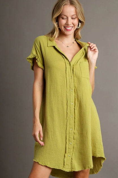 Full Size Raw Hem Button Down Short Sleeve Gauze Shirt Dress Plus Size in Yellow-Green - product view 1