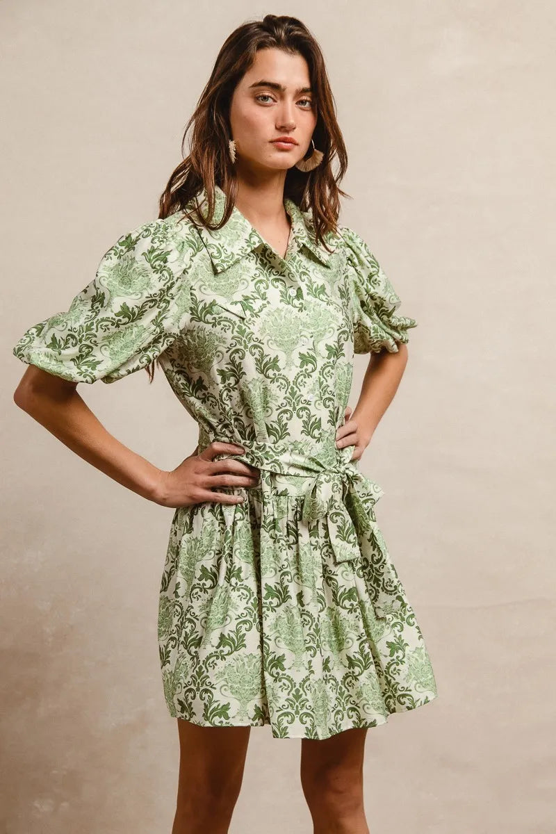 Tied Floral Short Sleeve Mini Shirt Dress in Green/Cream - product view 10